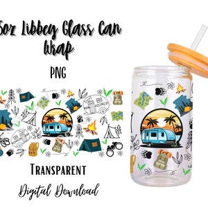 Digital Camping 16oz Libbey Glass Can Tumbler Sublimation Design - Design Digital Download PNG/Caravan/Camp/Nature/Forest/Fire/Sunset