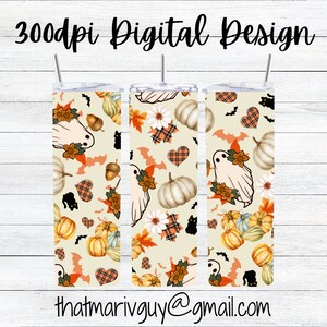 Digital Fall 300dpi 20oz STRAIGHT Skinny Tumbler Wrap/30oz Tumbler Sublimation/Digital 20oz Tumbler/Ghost/Pumpkin/Pattern/Cute/Autumn/Orange