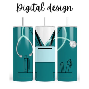 May include: Three teal blue tumblers with a design of a medical scrub top, stethoscope, and pen. The tumblers have a white lid and a clear straw.
