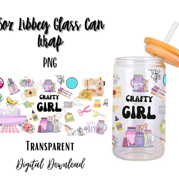 Digital Craft Girl 16oz Libbey Glass Can Tumbler Sublimation Design - Design Digital Download PNG/Art/Hobby/Painting/Sowing