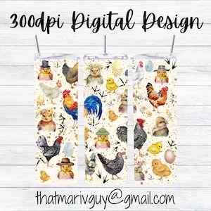 May include: Three digital designs featuring a watercolor pattern of chickens, chicks, eggs, and other farm animals on a white background with gold accents. The designs are perfect for creating custom tumblers, mugs, or other personalized items.