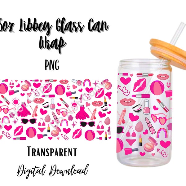 Digital Hot Pink 16oz Libbey Glass Can Tumbler Sublimation Design - Design Download PNG/High Heels/Girly/Pattern/Bright/Kiss/Lipstick/Dress