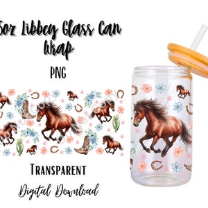 May include: A digital download of a 16oz Libbey glass can wrap with a transparent background. The design features a repeating pattern of brown horses, horseshoes, and floral accents in shades of pink, blue, and green.