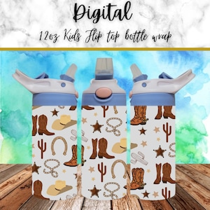 May include: A white 12oz kids flip top water bottle wrap with a cowboy theme. The design features brown cowboy boots, hats, stars, cacti, and lassos.