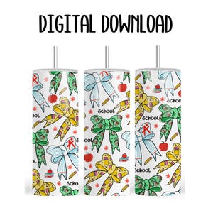 May include: A white tumbler with a pattern of colorful school-themed illustrations, including bows, pencils, books, and the word "School".