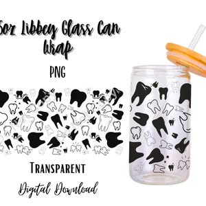 May include: A clear 16oz Libbey glass can wrap with a bamboo lid and straw. The glass is decorated with a pattern of black and white teeth. The words "16oz Libbey Glass Can Wrap PNG Transparent Digital Download" are printed on the image.
