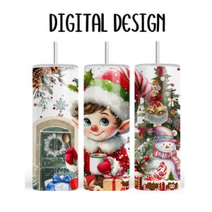 May include: Three white, stainless steel tumblers with Christmas-themed designs. One features an elf, another a Christmas tree, and the third a winter scene. The text "DIGITAL DESIGN" is printed at the top. Each tumbler has a silver straw.