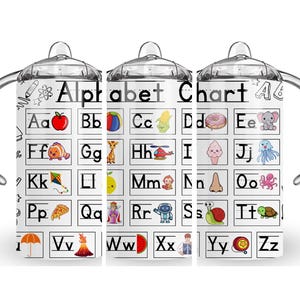 May include: Three clear plastic cups with handles and lids. Each cup has a black and white alphabet chart with colorful illustrations of letters and objects. The chart says "Alphabet Chart A".