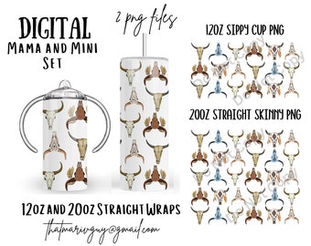 Digital Cow Skull Mama and Mini Set 300dpi 20oz STRAIGHT Skinny Tumbler Wrap/20ozTumbler Sublimation/Digital 12oz Kids Sippy Cup/Animal/Farm