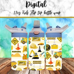 May include: Three 12 ounce kids flip top water bottles with a construction theme. The bottles are yellow, blue, and white with images of construction equipment, cones, and signs that say "Under Construction".
