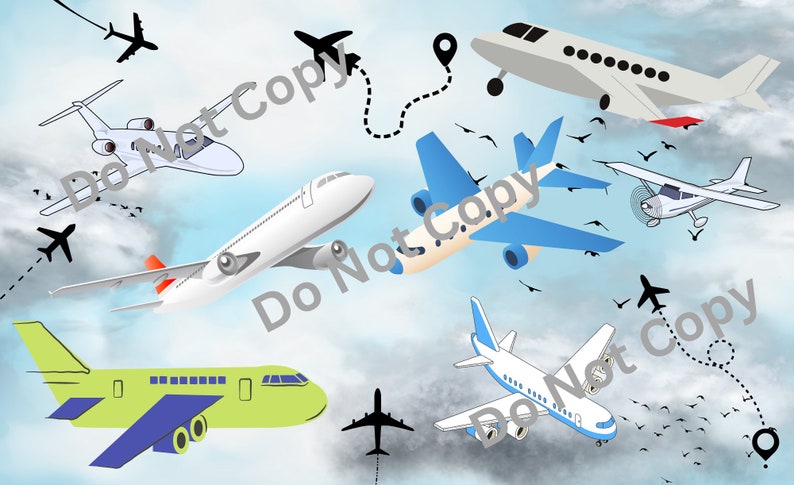 May include: A digital illustration of multiple airplanes flying in a blue sky with white clouds. The airplanes are various colors and sizes, including white, blue, green, and gray. Some airplanes have a dashed line trail behind them, indicating their flight path.