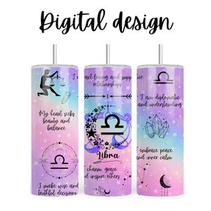 May include: Three pink and purple ombre tumblers with a Libra zodiac sign, crystals, and stars. The tumblers have text that reads "My heart seeks beauty and balance", "I act loving and supportive relationships", "I am diplomatic and understanding", "Libra charm, grace and inspire others", "embrace peace and inner calm", "I make wise and truthful decisions".