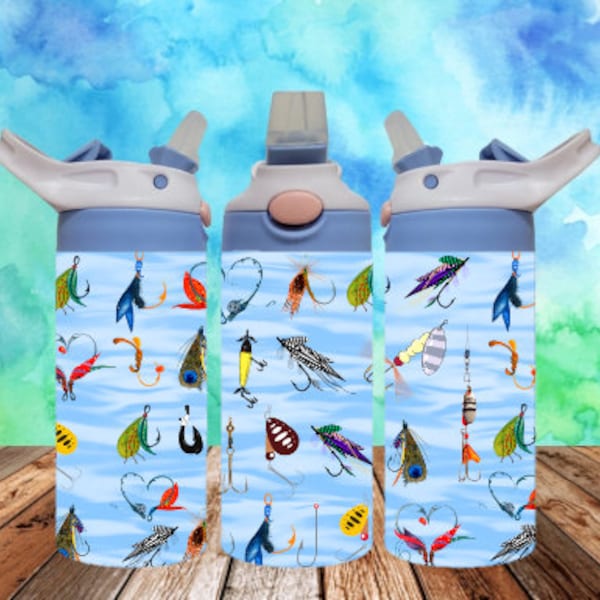 Digital Fishing Hooks 300dpi 12oz Kids Flip top Sippy cup Tumbler Wrap PNG /12oz Kids Sublimation/Digital 12oz Tumbler/Fish/Lake/River