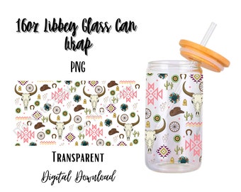 Digitale Western 16 Unzen Libbey Glas Dose Becher Sublimation Design - Design Digital Download PNG/Kuhschädel/Cowgirl/Hintergrund