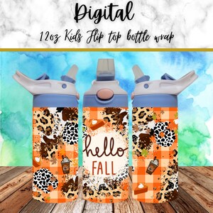 Digital Hello Fall 300dpi 12oz Kids Flip top Sippy cup Tumbler PNG /12oz Sublimation/Digital 12oz Tumbler/Autumn/Pumpkin/Checkered