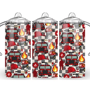 May include: Three red and white firefighter themed stainless steel tumblers with a black and white checkered pattern. The tumblers feature fire trucks, axes, helmets, and flames.