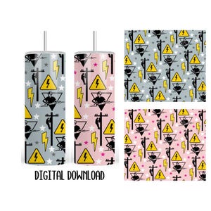 May include: Two sublimation designs for a tumbler featuring a pattern of yellow caution signs with a lightning bolt and a silhouette of a worker on a power line. The signs are on a gray and pink background with white stars and yellow lightning bolts.