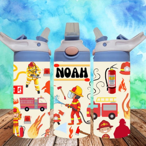 Fireman 300dpi 12oz Kids Flip top Sippy cup Tumbler Wrap PNG /12oz Kids Sublimation/Digital 120z Tumbler/Fire truck/Job/Work