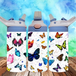 May include: Three stainless steel water bottles featuring colourful butterfly designs. The bottles have a white background with a variety of butterflies in different colours and patterns. The bottles have a blue lid and a straw.
