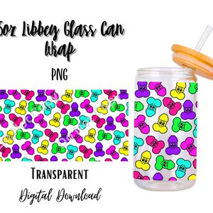 May include: A 16oz glass can wrap with a colorful pattern of cartoon faces. The wrap is transparent and can be used to personalize a glass can. The text "16oz Libbey Glass Can Wrap PNG TRANSPARENT Digital Download" is included in the image.