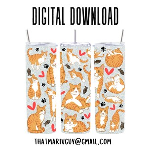 May include: Digital download of a sublimation design featuring a pattern of orange tabby cats on a silver glitter background. The design is perfect for creating custom tumblers, mugs, or other items.
