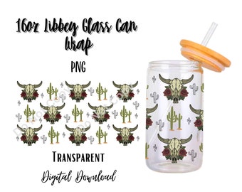 Digitale Western 16 Unzen Libbey Glas Dose Becher Sublimation Design - Design Digital Download PNG/Kuhschädel/Cowgirl/Hintergrund