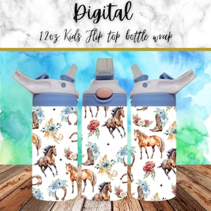 May include: A digital design for a 12oz kids flip top bottle wrap. The design features a white background with a repeating pattern of horses, flowers, boots, and horseshoes. The colours in the design are red, blue, yellow, and brown.