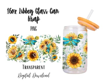 Digital Sunflowers and Dragonfly's 16oz Libbey Glass Can Tumbler Sublimation Design - Design Digital Download PNG/Animal/Flower/Nature