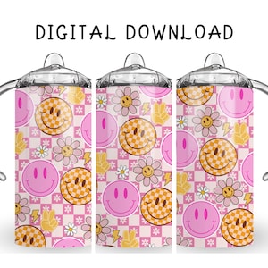 May include: Three baby bottles with handles, featuring a pink and white checkered pattern. The pattern includes smiley faces, daisies, peace signs, and lightning bolts. The text "DIGITAL DOWNLOAD" is at the top.