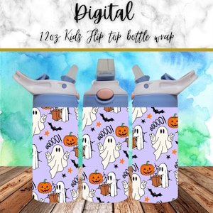 May include: A digital printable design for a 12 oz kids flip top water bottle wrap. The design features a purple background with white ghosts, orange pumpkins, bats, and stars. The text "Boo!" is repeated throughout the design.