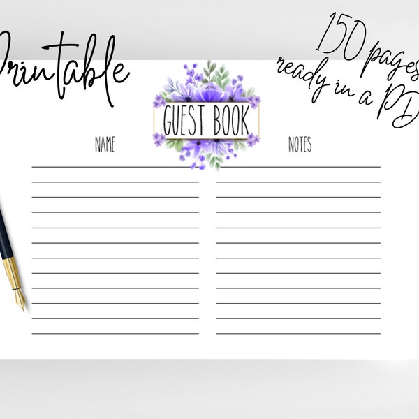 Printable Wedding Guest book Pages/Wedding Guest Book/Guest Book Printable template/Instant Download/PDF File/Purple Flowers/Purple Wedding