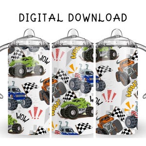 Digitalt monstertruckmönster 300 dpi 355 ml barnmugg med tumlare, PNG/355 ml barnsublimering/grön/orange/bil/däck/fälgar/pojkar/rutigt