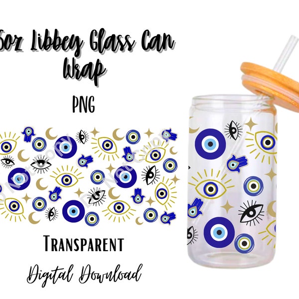 Evil Eye 16oz Libbey Glass Can Tumbler Sublimation Design - Design Digital Download PNG/Pattern/Gold and Blue