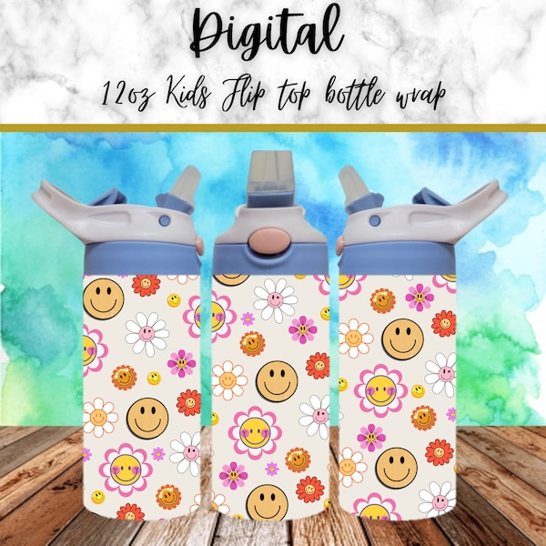 Digital Smiley Face 300dpi 12oz Kids Flip top Sippy cup Tumbler Wrap PNG /12oz Kids Sublimation/Digital 12oz Tumbler/Retro/Flowers/Hippie