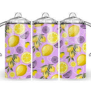 May include: Three baby bottles with a lemon pattern. The bottles have a light purple background with illustrations of lemons, lemon slices, and leaves. The bottles have clear handles and tops.