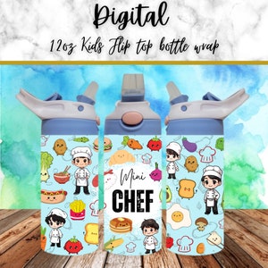 May include: A blue 12oz kids flip top water bottle wrap with a cartoon chef and food design. The wrap features the text "Mini Chef" in a white circle.
