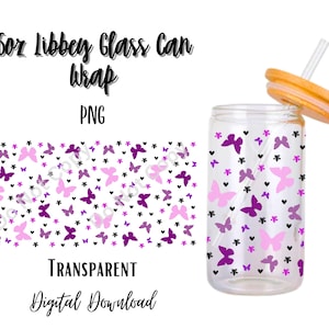 May include: A clear 16oz Libbey glass can with a butterfly design in shades of purple and pink, with a bamboo lid and straw. The design includes butterflies, hearts, and stars. The words "16oz Libbey Glass Can Wrap PNG TRANSPARENT Digital Download" are also visible.