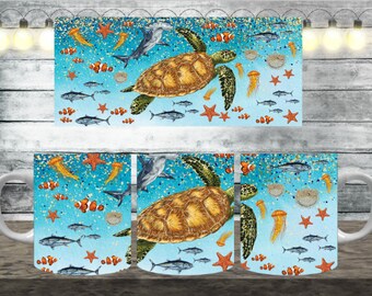 Digital Turtle 300dpi 11oz, 12oz & 15oz Mug Wrap/Mug Sublimation/Digital Mug /Mug Template/Fish/Ocean/Sea/Beach