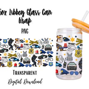 May include: A 16oz clear glass can with a transparent wrap featuring a police theme. The wrap has a variety of police-related images, including police cars, officers, badges, and handcuffs. The can is topped with a yellow lid and a straw.