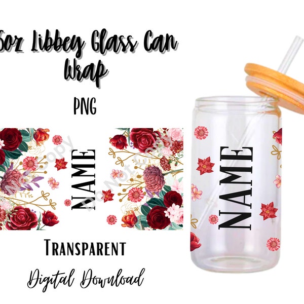 Digital Flowers 16oz Libbey Glass Can Tumbler Sublimation Design -Design Digital Download PNG/Personalize/Add Name/Red-Maroon Flowers/Floral