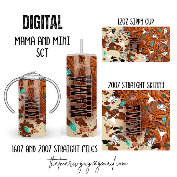Digital Mama and Mini Set 300dpi 20oz STRAIGHT Skinny Wrap/20oz Tumbler Sublimation/Digital 12oz Kids Sippy Cup/Western/Cow Hide/Leather