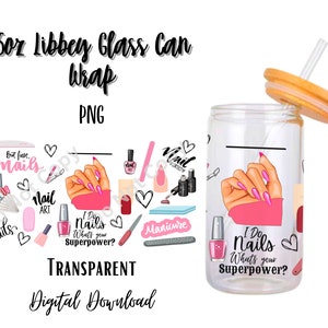 以下が含まれることがあります： ピンクと白のネイルアートのデザインが施された、473mlのガラス缶のラッピング用のデジタルダウンロードデザイン。"I Do Nails What's Your Superpower?"というテキストと、その他のネイルアート関連の画像が描かれています。