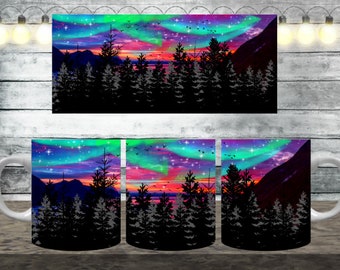 Cyfrowe światła zorzy polarnej 300 dpi 11 oz, 12 oz i 15 oz Opakowanie na kubek/Sublimacja na kubek/Plik cyfrowego kubka/Szablon kubka/Natura/Las/Drzewa
