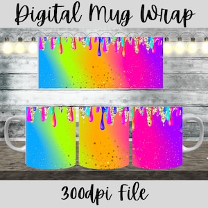 Bunte digitale 300dpi 11oz, 12oz & 15oz Tasse Wrap/Becher Sublimation/Digitale Tasse/Becher Vorlage/Regenbogen/Glitzer/Tropfen