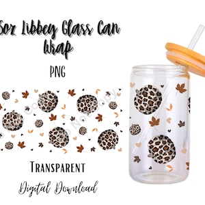 Digital Fall 16oz Libbey Glass Can Tumbler Sublimation Design - Design Download PNG/Leopard Print/Animal/Coffee/Leaves/Orange/Autumn/Pumpkin