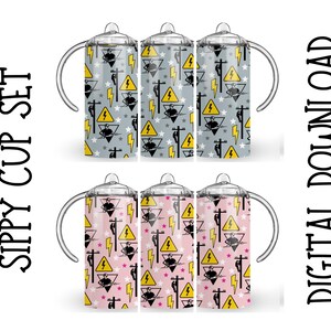 May include: Set of six 12oz sippy cups with a black and yellow warning sign pattern. The cups are gray and pink with a white star pattern. The text on the warning sign says "Danger High Voltage".