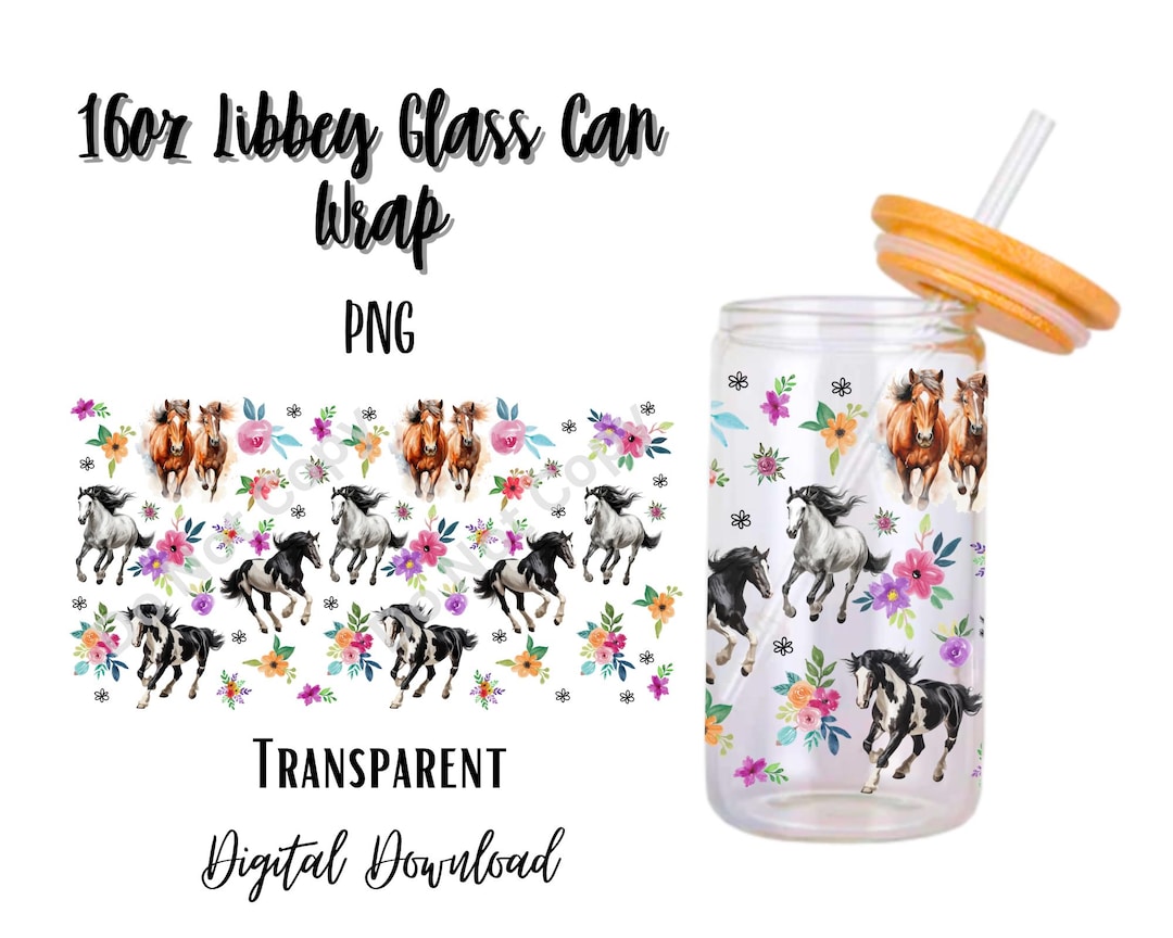 Horse and Flowers 16oz Libbey Glass Can Tumbler Sublimation Design ...