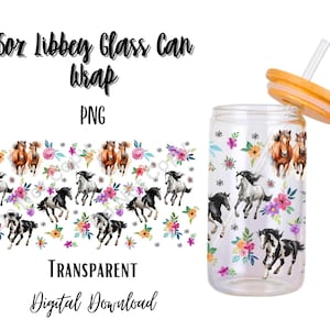 May include: A digital download of a 16oz Libbey glass can wrap with a transparent background. The design features a repeating pattern of horses and flowers in shades of pink, purple, blue, green, and yellow.