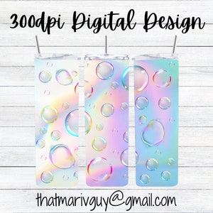 May include: Three 20 oz. tumbler designs featuring a rainbow background with iridescent bubbles. The tumblers are perfect for sublimation.