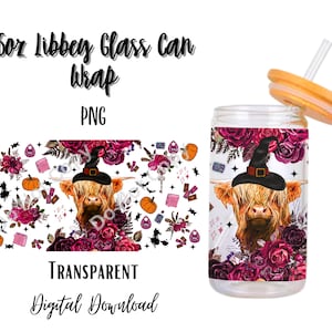 Digital Witch Highland Cow 16oz Libbey Glass Can Tumbler Sublimation Design - Design Digital Download PNG/Coffee/Celestial/Flowers/Magical